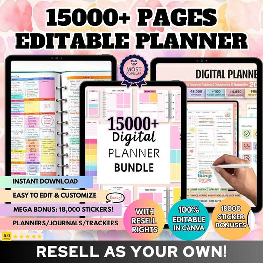 15000 Pages Planners & 8000 Digital Stickers with Resell Rights, Including Journals, Trackers, & More! | Huge Template Library (Free Website's & Funnels Included)